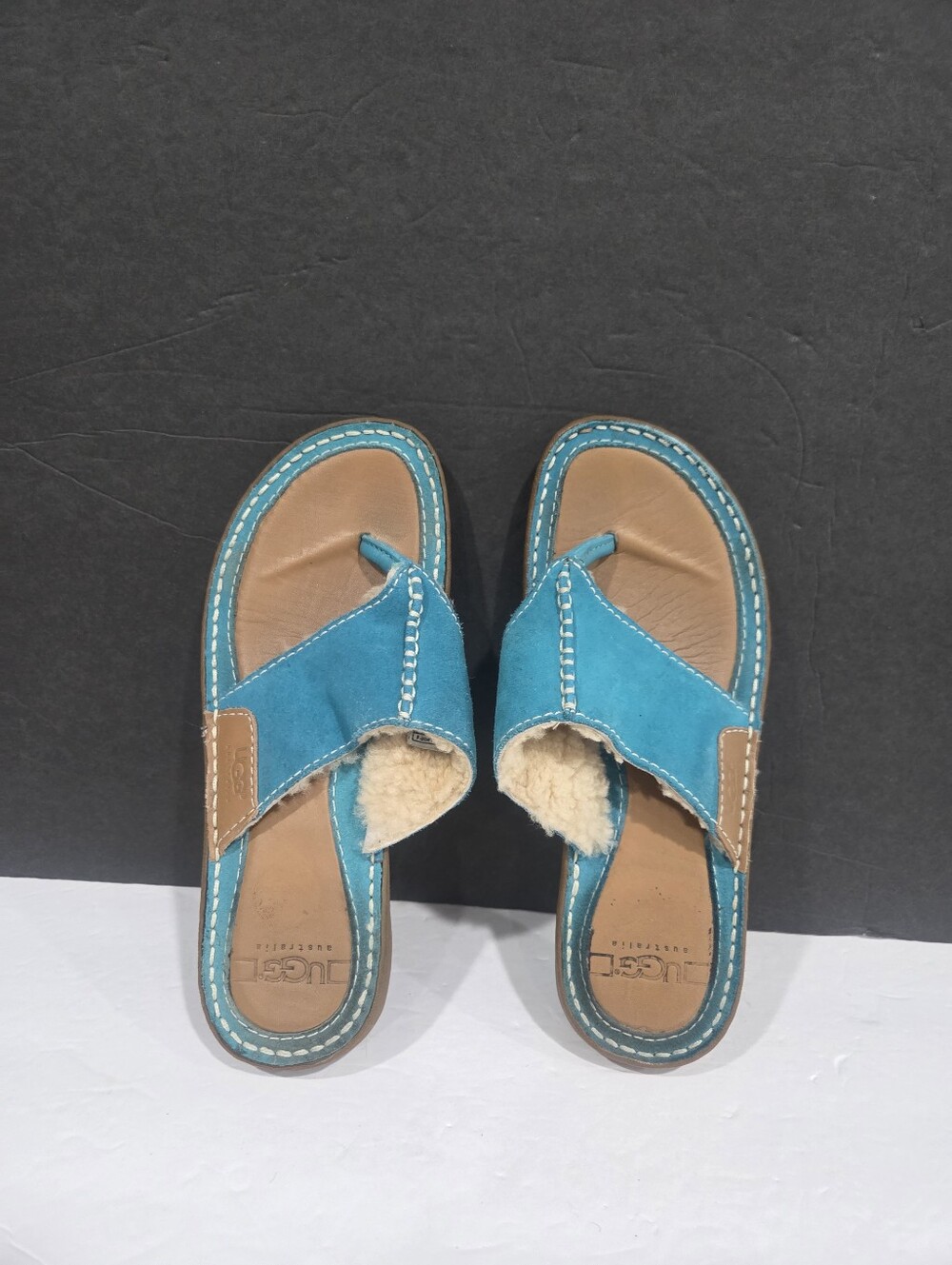 UGG Teal Suede Shearling Toe-Post Slide Sandals Sz.7